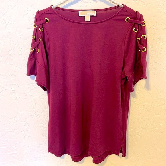 Michael Kors top Purple with Gold grommets short flared sleeves  Sz. Medium - Picture 1 of 10